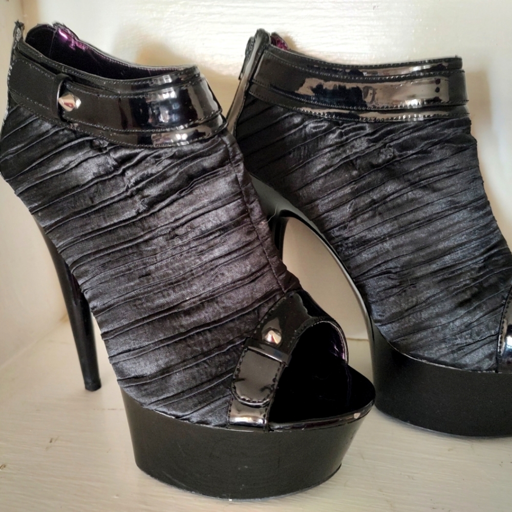 Ellie black satin pleated 4" heel platform ankle boots